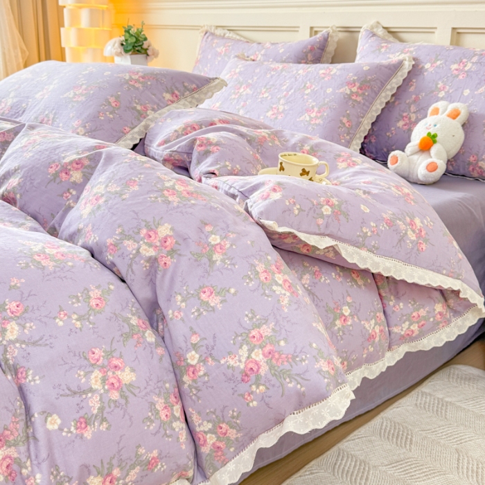 91家纺网 家纺一手货源 找家纺 （总）【苏东来】2025韩版蕾丝花边纯棉全棉双层纱四件套全棉纯棉小碎花印花四件套法式赫本公主风韩系皱皱纱花边四件套针织棉四件套件