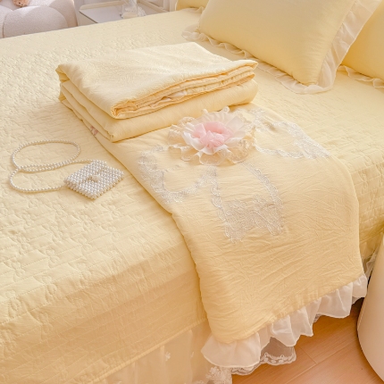 91家纺网 家纺一手货源 找家纺 2025春夏新品韩版公主风超柔水洗棉床盖四件套刺绣针织棉双层纱纯棉棉麻全棉公主风夏被床盖款四件套   花韵-嫩黄  