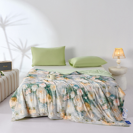 91家纺网 家纺一手货源 找家纺 缔锦家纺 2025新款凉感丝印花夏被 悠然-宁静绿