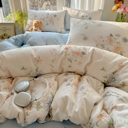 91家纺网 家纺一手货源 找家纺 富瑞阁 新款印花加厚加密13070全棉四件套（全尺寸）浅花悠悠