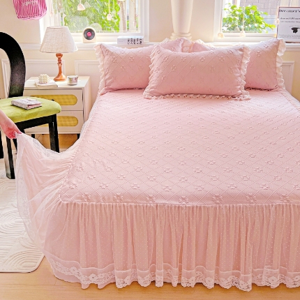 91家纺网 家纺一手货源 找家纺 （总）2025 新款3D提花冰豆豆凉席韩版花边床裙款夏被四件套