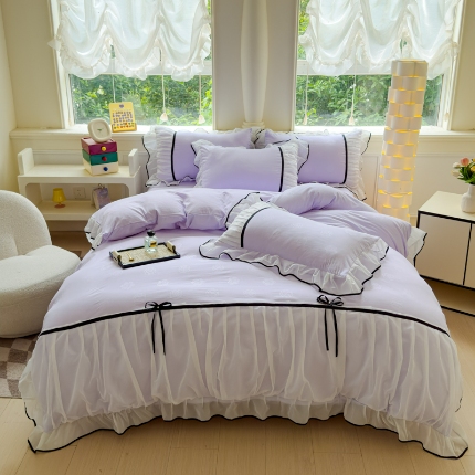 91家纺网 家纺一手货源 找家纺 （总）苏米娜2025春夏韩版公主风小香风公主风水洗棉工艺款四件套法式蕾丝花边床裙款四件套