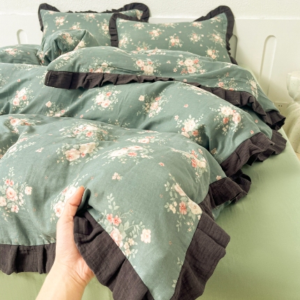 91家纺网 家纺一手货源 找家纺 （总）【苏东来】2025韩版木耳花边纯棉全棉双层纱四件套全棉纯棉小碎花印花四件套法式赫本公主风皱皱纱蕾丝花边四件套针织棉四件套件