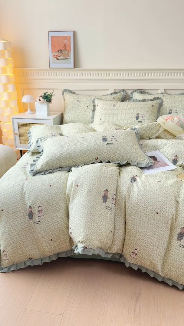 91家纺网 家纺一手货源 找家纺 （总）【苏东来】2025韩版木耳花边纯棉全棉双层纱四件套全棉纯棉小碎花印花四件套法式赫本公主风皱皱纱蕾丝花边四件套针织棉四件套件