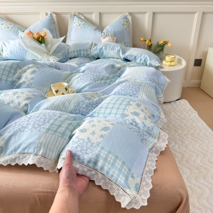 91家纺网 家纺一手货源 找家纺 （总）【苏东来】2025韩版蕾丝花边纯棉全棉双层纱四件套全棉纯棉小碎花印花四件套法式赫本公主风韩系皱皱纱花边四件套针织棉四件套件