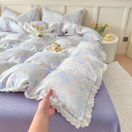 91家纺网 家纺一手货源 找家纺 （总）【苏东来】2025韩版蕾丝花边纯棉全棉双层纱四件套全棉纯棉小碎花印花四件套法式赫本公主风韩系皱皱纱花边四件套针织棉四件套件