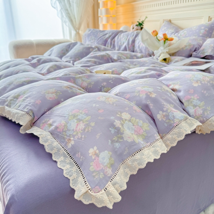 91家纺网 家纺一手货源 找家纺 （总）【苏东来】2025韩版蕾丝花边纯棉全棉双层纱四件套全棉纯棉小碎花印花四件套法式赫本公主风韩系皱皱纱花边四件套针织棉四件套件