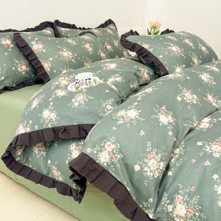 91家纺网 家纺一手货源 找家纺 （总）【苏东来】2025韩版木耳花边纯棉全棉双层纱四件套全棉纯棉小碎花印花四件套法式赫本公主风皱皱纱蕾丝花边四件套针织棉四件套件