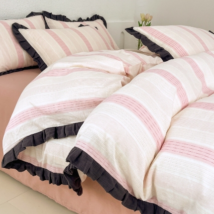 91家纺网 家纺一手货源 找家纺 （总）【苏东来】2025韩版木耳花边纯棉全棉双层纱四件套全棉纯棉小碎花印花四件套法式赫本公主风皱皱纱蕾丝花边四件套针织棉四件套件