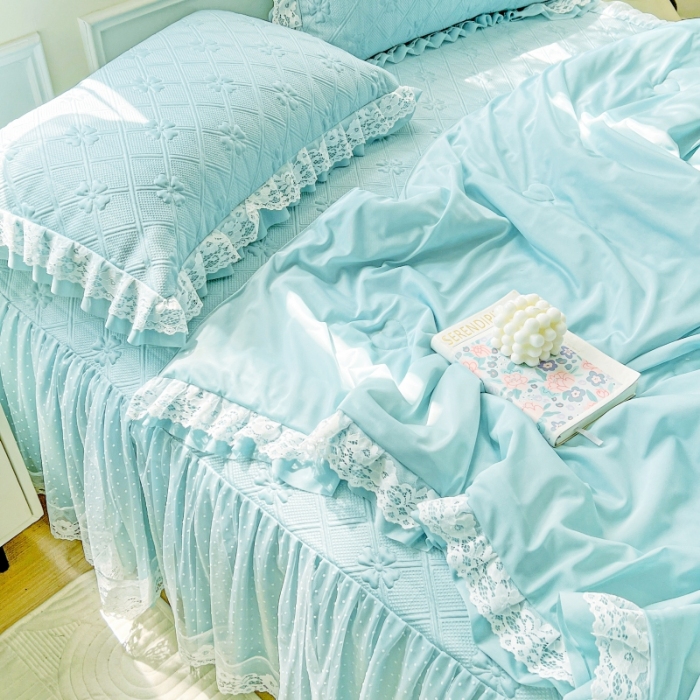 91家纺网 家纺一手货源 找家纺 （总）2025 新款3D提花冰豆豆凉席韩版花边床裙款夏被四件套