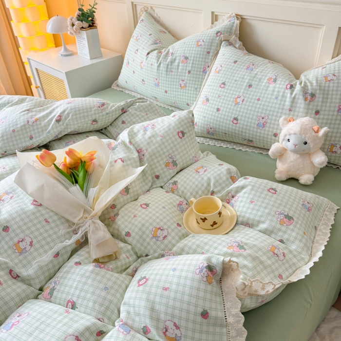 91家纺网 家纺一手货源 找家纺 （总）【苏东来】2025韩版蕾丝花边纯棉全棉双层纱四件套全棉纯棉小碎花印花四件套法式赫本公主风韩系皱皱纱花边四件套针织棉四件套件