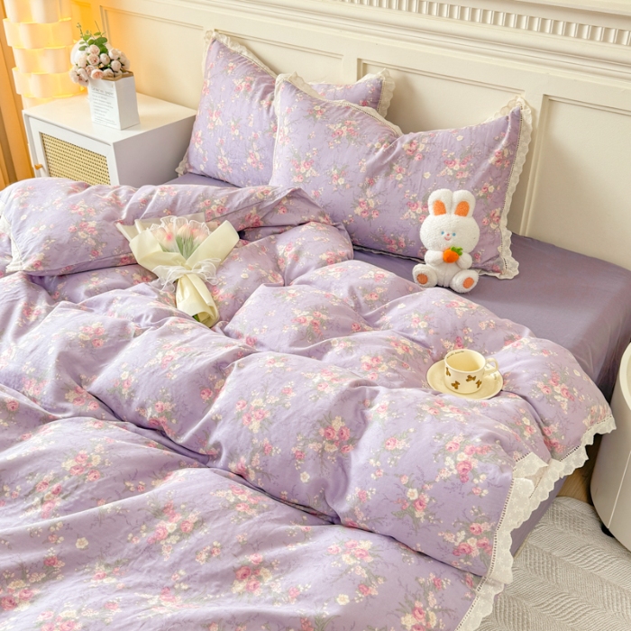 91家纺网 家纺一手货源 找家纺 （总）【苏东来】2025韩版蕾丝花边纯棉全棉双层纱四件套全棉纯棉小碎花印花四件套法式赫本公主风韩系皱皱纱花边四件套针织棉四件套件