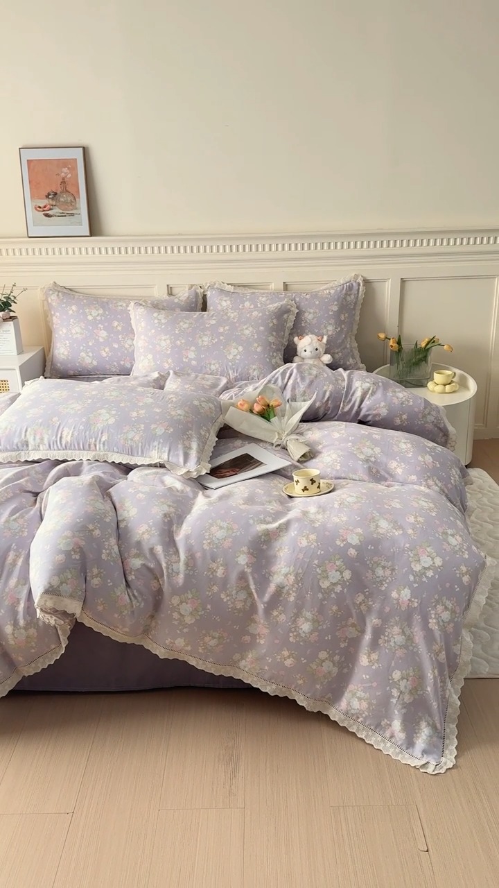 91家纺网 家纺一手货源 找家纺 （总）【苏东来】2025韩版蕾丝花边纯棉全棉双层纱四件套全棉纯棉小碎花印花四件套法式赫本公主风韩系皱皱纱花边四件套针织棉四件套件