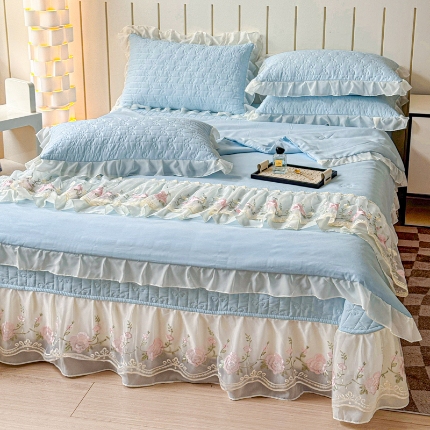 苏米娜2025春夏韩版公主风水洗棉蕾丝床盖款夏被四件套法式蕾丝花边床裙款四件套 艾薇—梦幻蓝 