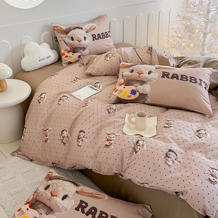 91家纺网 家纺一手货源 找家纺 RYB红黄兰 2025新款ins卡通5D立体数码全棉纯棉有氧双层纱四件套系列 巧克力兔兔