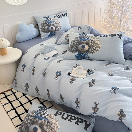 RYB红黄兰 2025新款ins卡通5D立体数码全棉纯棉有氧双层纱四件套系列 雾蓝小狗