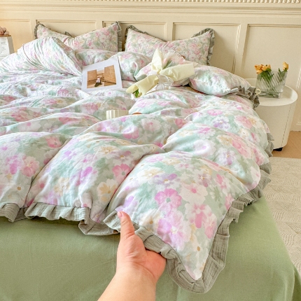 91家纺网 家纺一手货源 找家纺 （总）【苏东来】2025韩版木耳花边纯棉全棉双层纱四件套全棉纯棉小碎花印花四件套法式赫本公主风皱皱纱蕾丝花边四件套针织棉四件套件