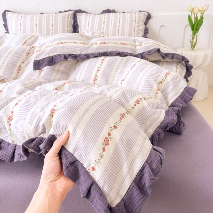 91家纺网 家纺一手货源 找家纺 （总）【苏东来】2025韩版木耳花边纯棉全棉双层纱四件套全棉纯棉小碎花印花四件套法式赫本公主风皱皱纱蕾丝花边四件套针织棉四件套件