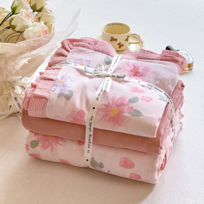 91家纺网 家纺一手货源 找家纺 （总）【苏东来】2025韩版木耳花边纯棉全棉双层纱四件套全棉纯棉小碎花印花四件套法式赫本公主风皱皱纱蕾丝花边四件套针织棉四件套件