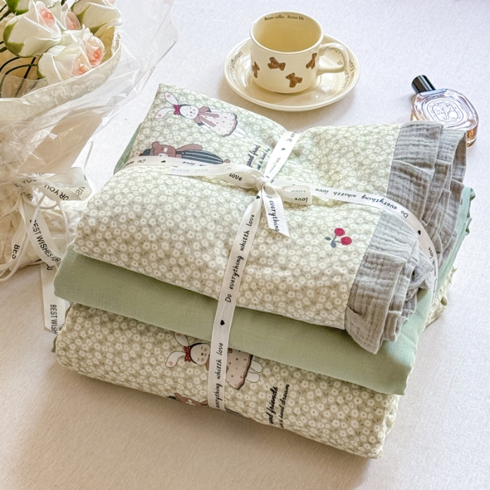 91家纺网 家纺一手货源 找家纺 （总）【苏东来】2025韩版木耳花边纯棉全棉双层纱四件套全棉纯棉小碎花印花四件套法式赫本公主风皱皱纱蕾丝花边四件套针织棉四件套件