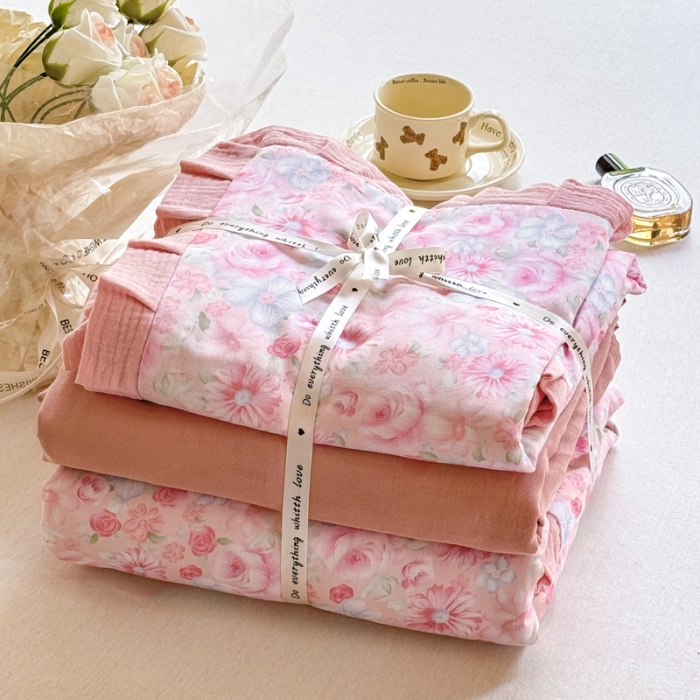 91家纺网 家纺一手货源 找家纺 （总）【苏东来】2025韩版木耳花边纯棉全棉双层纱四件套全棉纯棉小碎花印花四件套法式赫本公主风皱皱纱蕾丝花边四件套针织棉四件套件