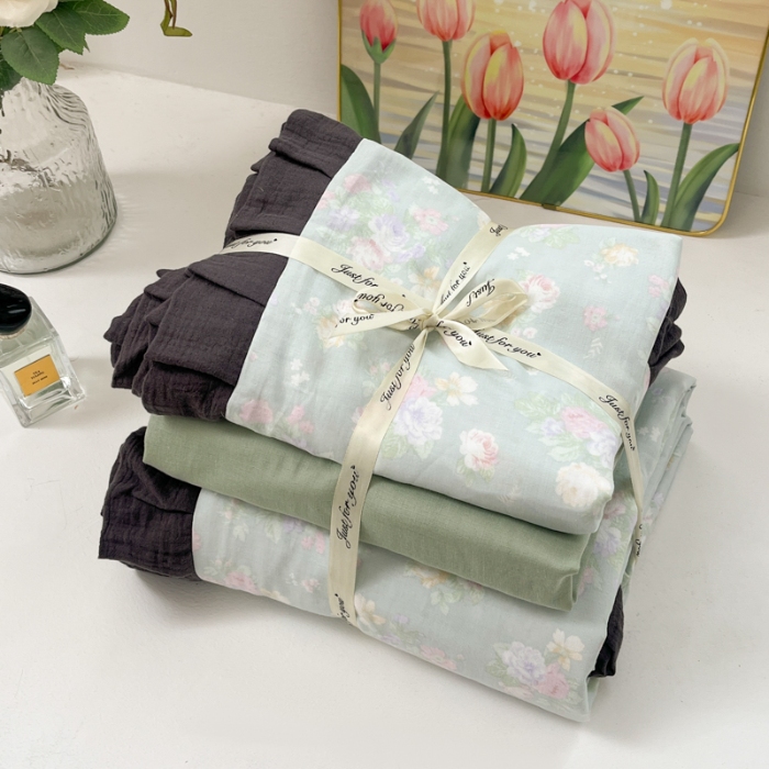 91家纺网 家纺一手货源 找家纺 （总）【苏东来】2025韩版木耳花边纯棉全棉双层纱四件套全棉纯棉小碎花印花四件套法式赫本公主风皱皱纱蕾丝花边四件套针织棉四件套件