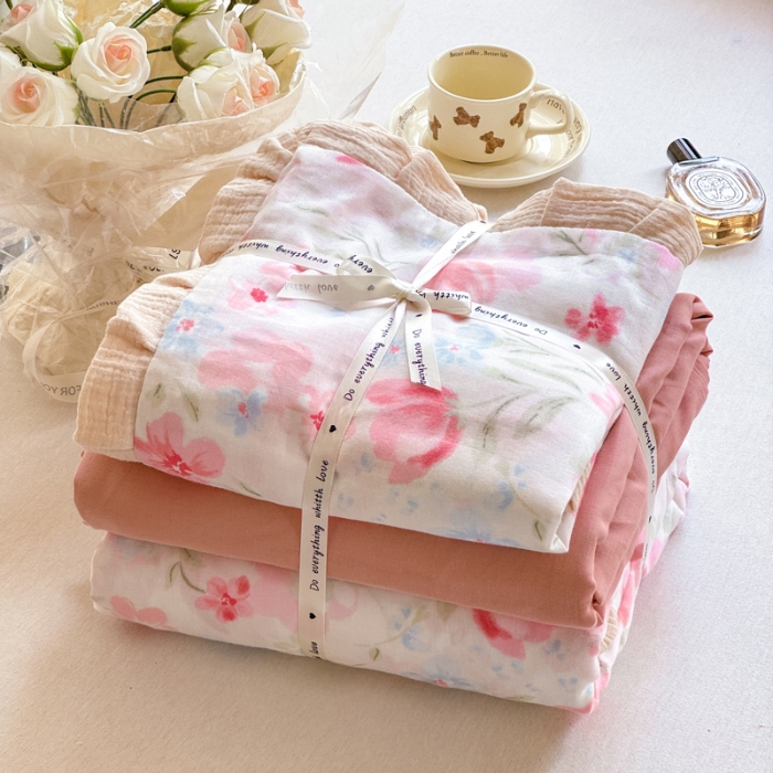 91家纺网 家纺一手货源 找家纺 （总）【苏东来】2025韩版木耳花边纯棉全棉双层纱四件套全棉纯棉小碎花印花四件套法式赫本公主风皱皱纱蕾丝花边四件套针织棉四件套件