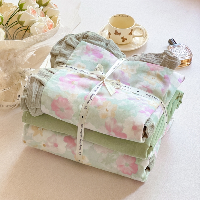 91家纺网 家纺一手货源 找家纺 （总）【苏东来】2025韩版木耳花边纯棉全棉双层纱四件套全棉纯棉小碎花印花四件套法式赫本公主风皱皱纱蕾丝花边四件套针织棉四件套件