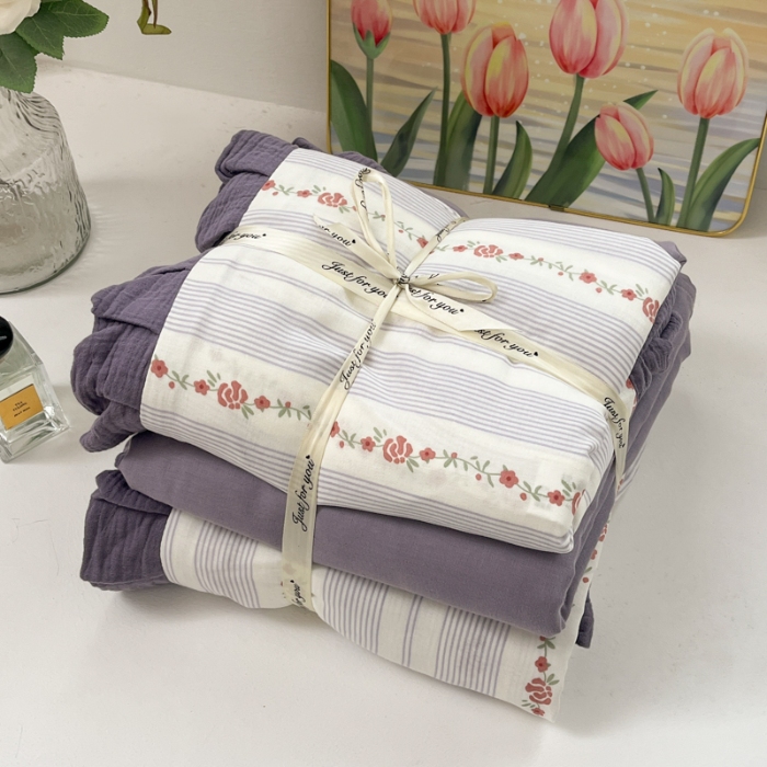 91家纺网 家纺一手货源 找家纺 （总）【苏东来】2025韩版木耳花边纯棉全棉双层纱四件套全棉纯棉小碎花印花四件套法式赫本公主风皱皱纱蕾丝花边四件套针织棉四件套件