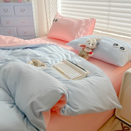 91家纺网 家纺一手货源 找家纺 （总）（有买家秀）2025新款大眼睛毛巾绣水洗棉纯色双拼四件套简约高级治愈风超柔舒适床上用品