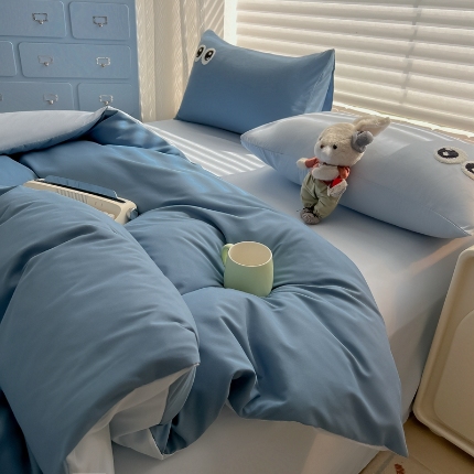 91家纺网 家纺一手货源 找家纺 （总）（有买家秀）2025新款大眼睛毛巾绣水洗棉纯色双拼四件套简约高级治愈风超柔舒适床上用品