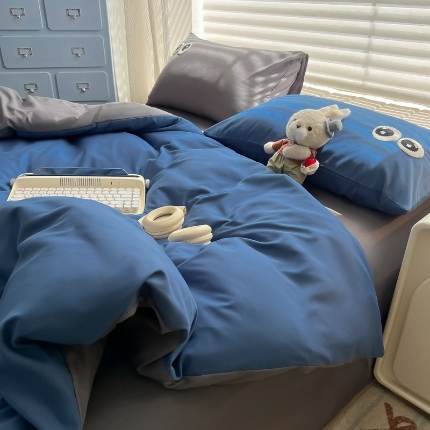 91家纺网 家纺一手货源 找家纺 （总）（有买家秀）2025新款大眼睛毛巾绣水洗棉纯色双拼四件套简约高级治愈风超柔舒适床上用品