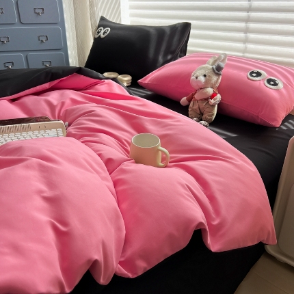 91家纺网 家纺一手货源 找家纺 （总）（有买家秀）2025新款大眼睛毛巾绣水洗棉纯色双拼四件套简约高级治愈风超柔舒适床上用品