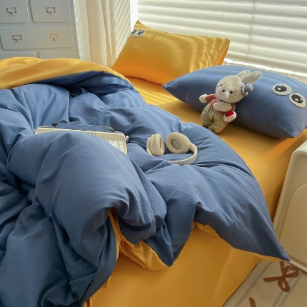 91家纺网 家纺一手货源 找家纺 （总）（有买家秀）2025新款大眼睛毛巾绣水洗棉纯色双拼四件套简约高级治愈风超柔舒适床上用品