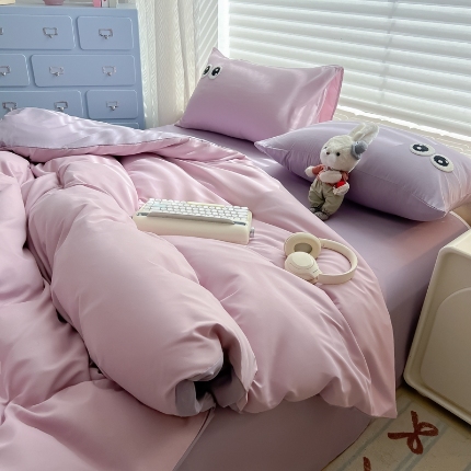 91家纺网 家纺一手货源 找家纺 （总）（有买家秀）2025新款大眼睛毛巾绣水洗棉纯色双拼四件套简约高级治愈风超柔舒适床上用品