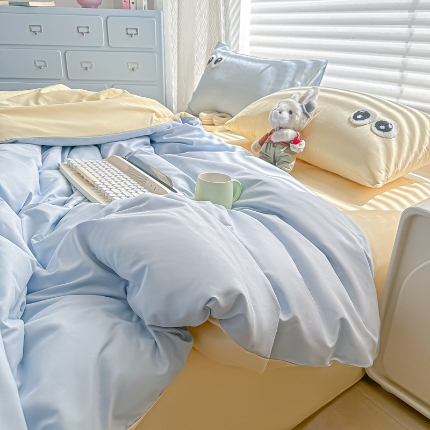 91家纺网 家纺一手货源 找家纺 （总）（有买家秀）2025新款大眼睛毛巾绣水洗棉纯色双拼四件套简约高级治愈风超柔舒适床上用品