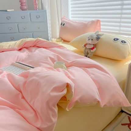 91家纺网 家纺一手货源 找家纺 （总）（有买家秀）2025新款大眼睛毛巾绣水洗棉纯色双拼四件套简约高级治愈风超柔舒适床上用品