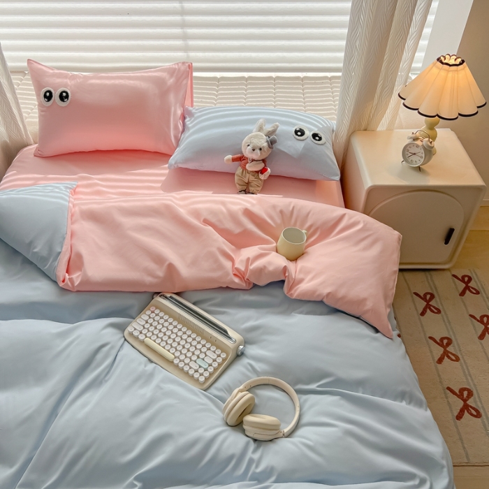 91家纺网 家纺一手货源 找家纺 （总）（有买家秀）2025新款大眼睛毛巾绣水洗棉纯色双拼四件套简约高级治愈风超柔舒适床上用品