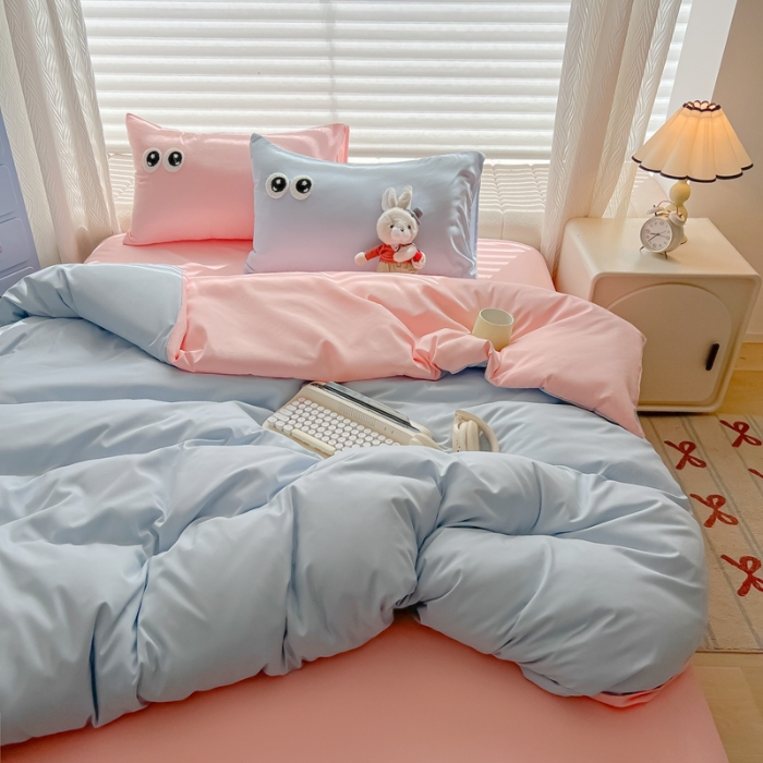 91家纺网 家纺一手货源 找家纺 （总）（有买家秀）2025新款大眼睛毛巾绣水洗棉纯色双拼四件套简约高级治愈风超柔舒适床上用品