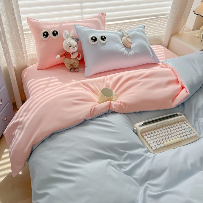 91家纺网 家纺一手货源 找家纺 （总）（有买家秀）2025新款大眼睛毛巾绣水洗棉纯色双拼四件套简约高级治愈风超柔舒适床上用品