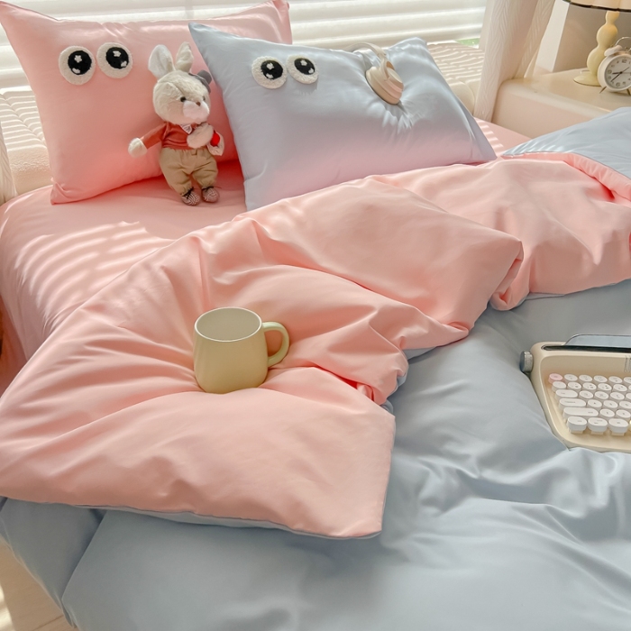 91家纺网 家纺一手货源 找家纺 （总）（有买家秀）2025新款大眼睛毛巾绣水洗棉纯色双拼四件套简约高级治愈风超柔舒适床上用品