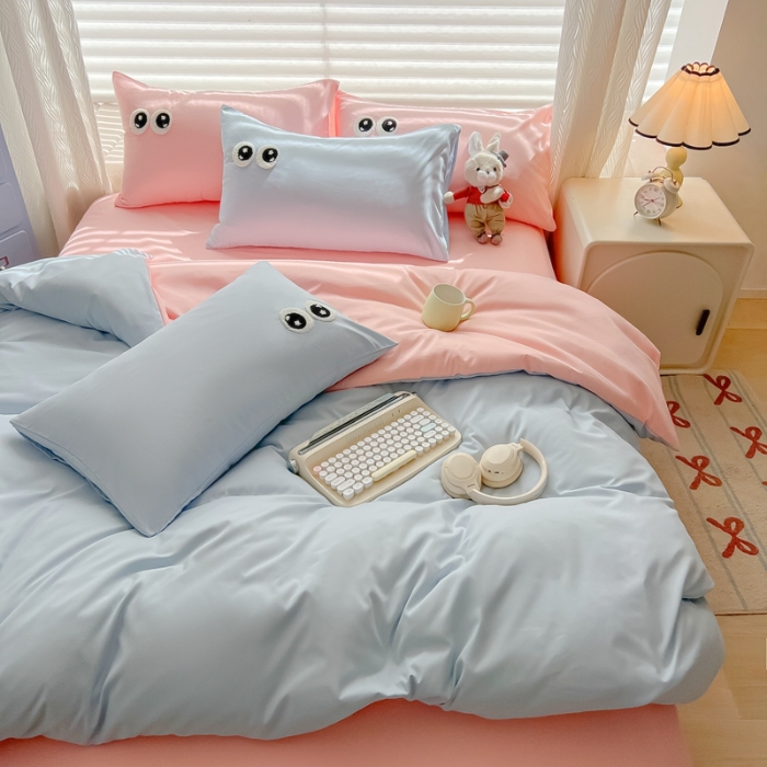 91家纺网 家纺一手货源 找家纺 （总）（有买家秀）2025新款大眼睛毛巾绣水洗棉纯色双拼四件套简约高级治愈风超柔舒适床上用品