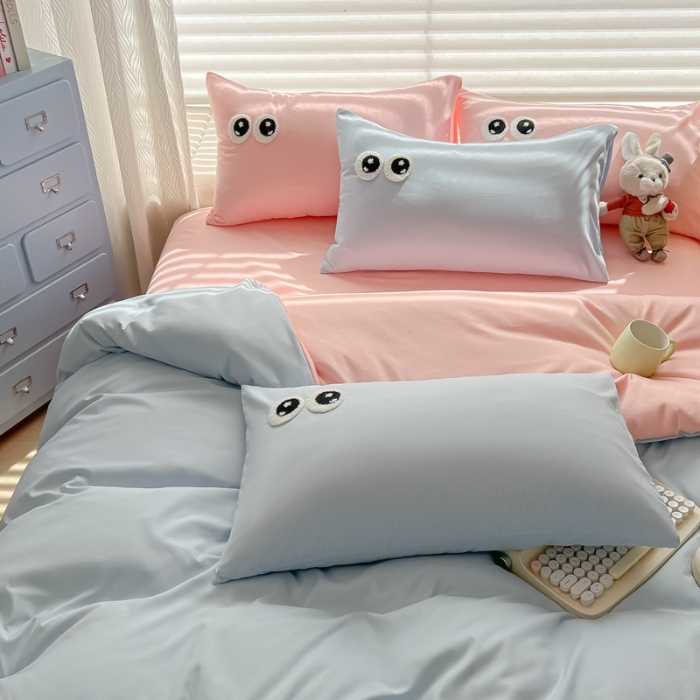 91家纺网 家纺一手货源 找家纺 （总）（有买家秀）2025新款大眼睛毛巾绣水洗棉纯色双拼四件套简约高级治愈风超柔舒适床上用品