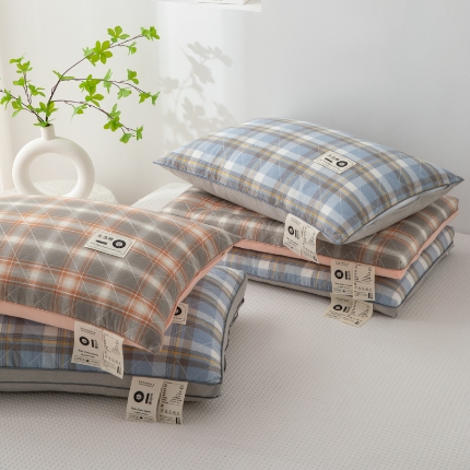 （总）仁宇枕业 2025新款新品全棉绗绣生态棉彩色格子单人低枕中枕高枕枕头枕芯