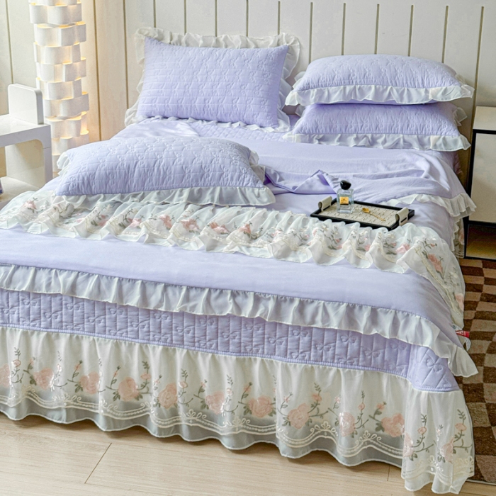 91家纺网 家纺一手货源 找家纺 （总）漫布云2025春夏韩版公主风水洗棉蕾丝床盖款夏被四件套法式蕾丝花边床裙款四件套