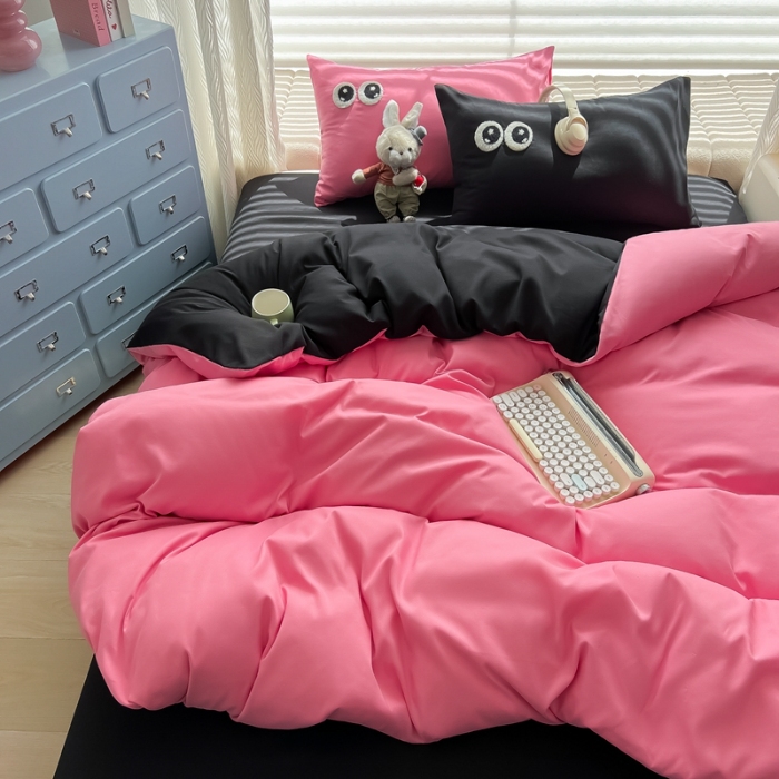 91家纺网 家纺一手货源 找家纺 （总）（有买家秀）2025新款大眼睛毛巾绣水洗棉纯色双拼四件套简约软糯舒适多巴胺风床上用品