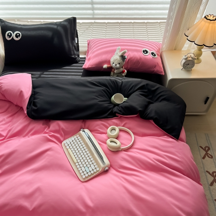 91家纺网 家纺一手货源 找家纺 （总）（有买家秀）2025新款大眼睛毛巾绣水洗棉纯色双拼四件套简约软糯舒适多巴胺风床上用品