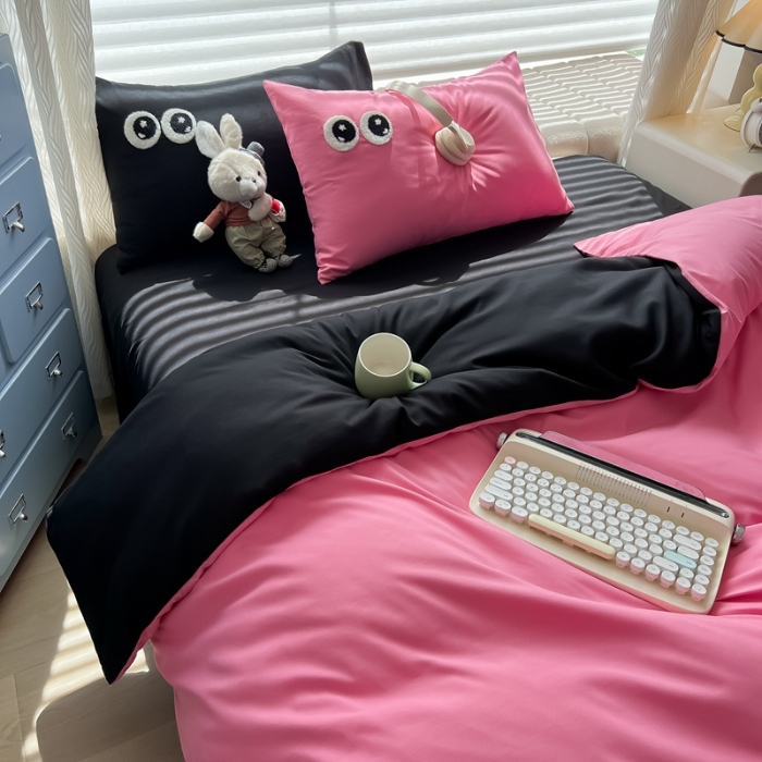 91家纺网 家纺一手货源 找家纺 （总）（有买家秀）2025新款大眼睛毛巾绣水洗棉纯色双拼四件套简约软糯舒适多巴胺风床上用品