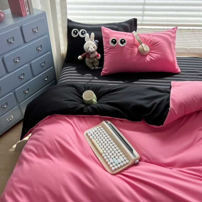 91家纺网 家纺一手货源 找家纺 （总）（有买家秀）2025新款大眼睛毛巾绣水洗棉纯色双拼四件套简约软糯舒适多巴胺风床上用品