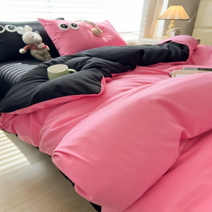 91家纺网 家纺一手货源 找家纺 （总）（有买家秀）2025新款大眼睛毛巾绣水洗棉纯色双拼四件套简约软糯舒适多巴胺风床上用品